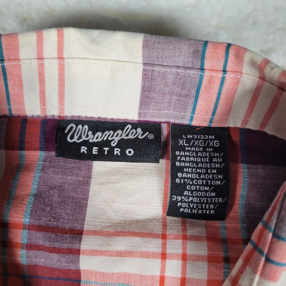 Wrangler Retro Mens XL Plaid Western Snap Shirt Purple Orange Cotton Blend - Picture 4 of 15